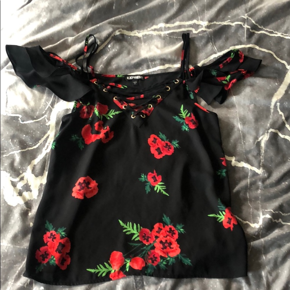 Shoulderless Black Floral Top